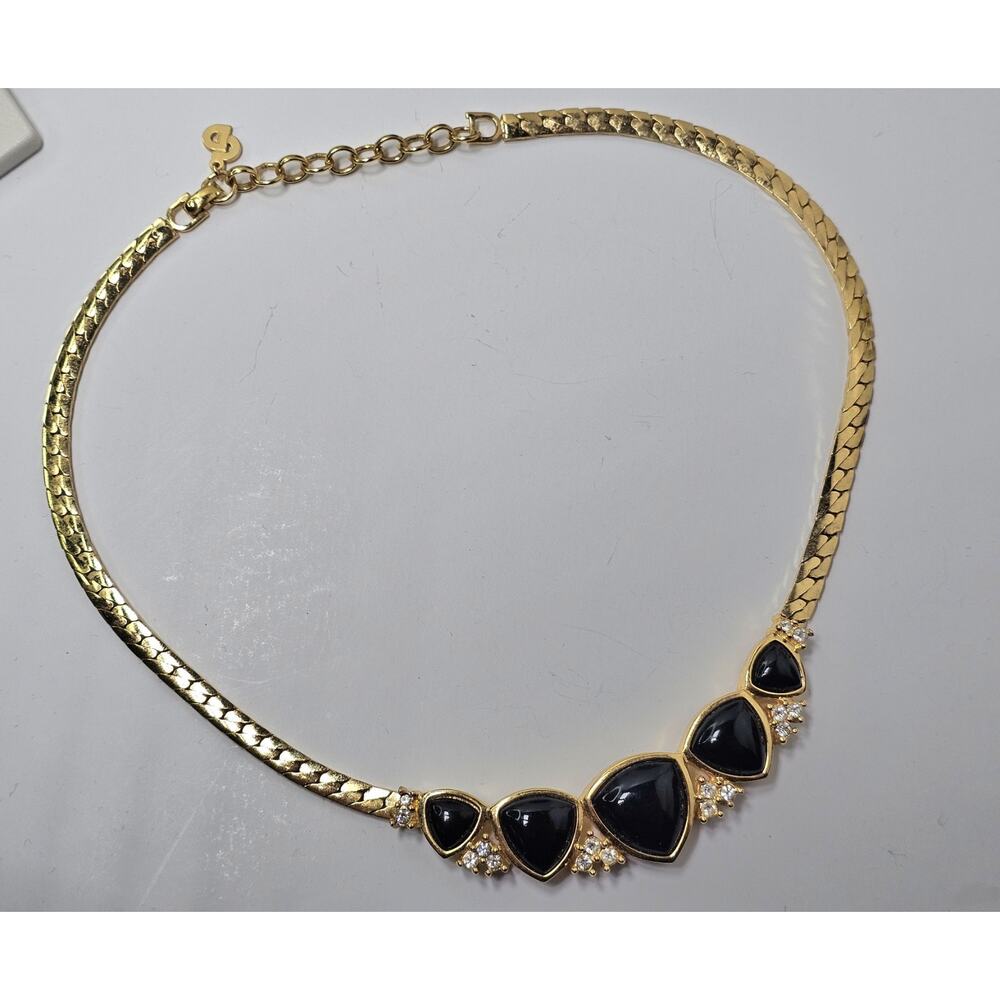 Vintage Christian Dior Gold Plated - Black & Clear Stone Choker Necklace